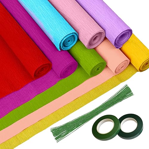 Papel crepé, 8 rollos de serpentinas de papel crepé anchas de 10 pulgadas x 8 pies, arreglos florales artificiales, kits de fabricación de flores,