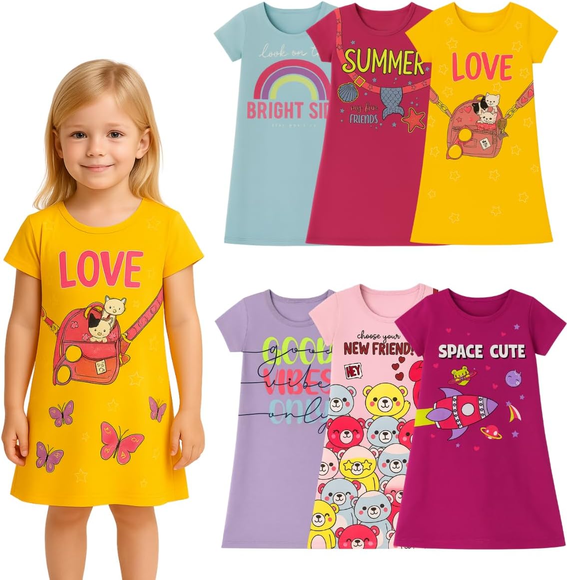 Kit 3 Vestidos Infantil Menina Verão Crianças Manga Curta Dia A Dia Para Sair