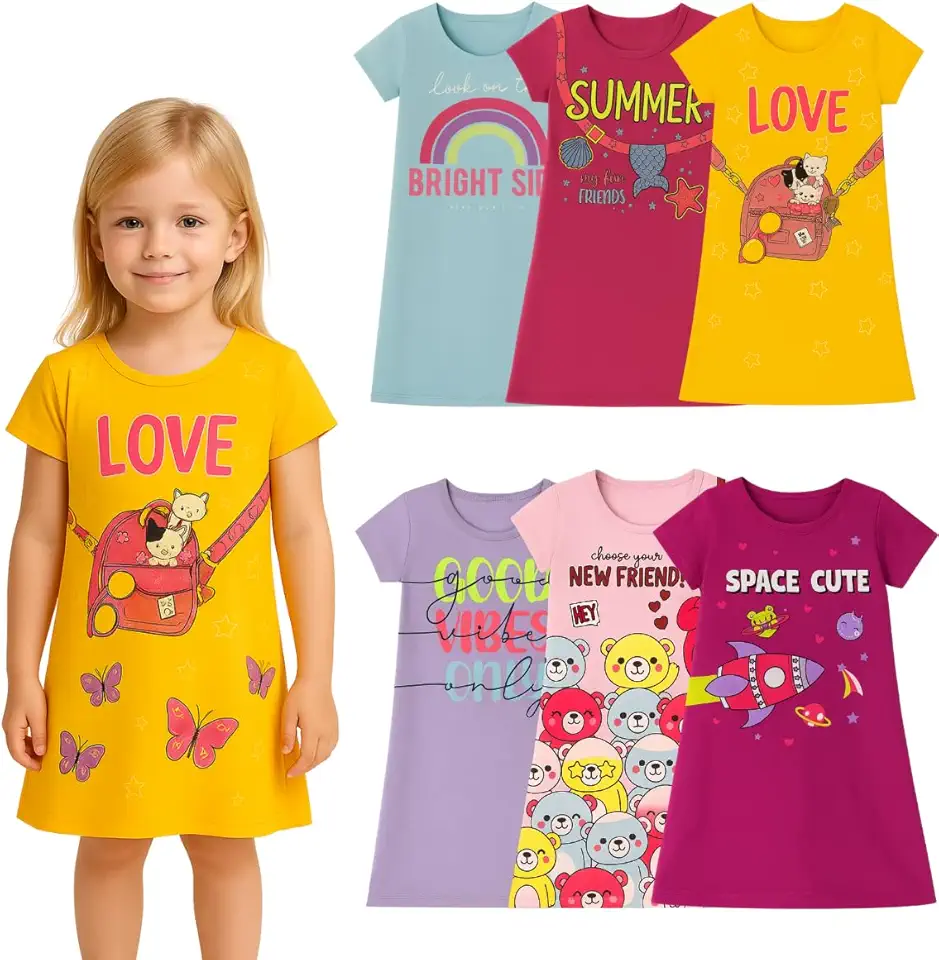 Kit 3 Vestidos Infantil Menina Verão Crianças Manga Curta Dia A Dia Para Sair