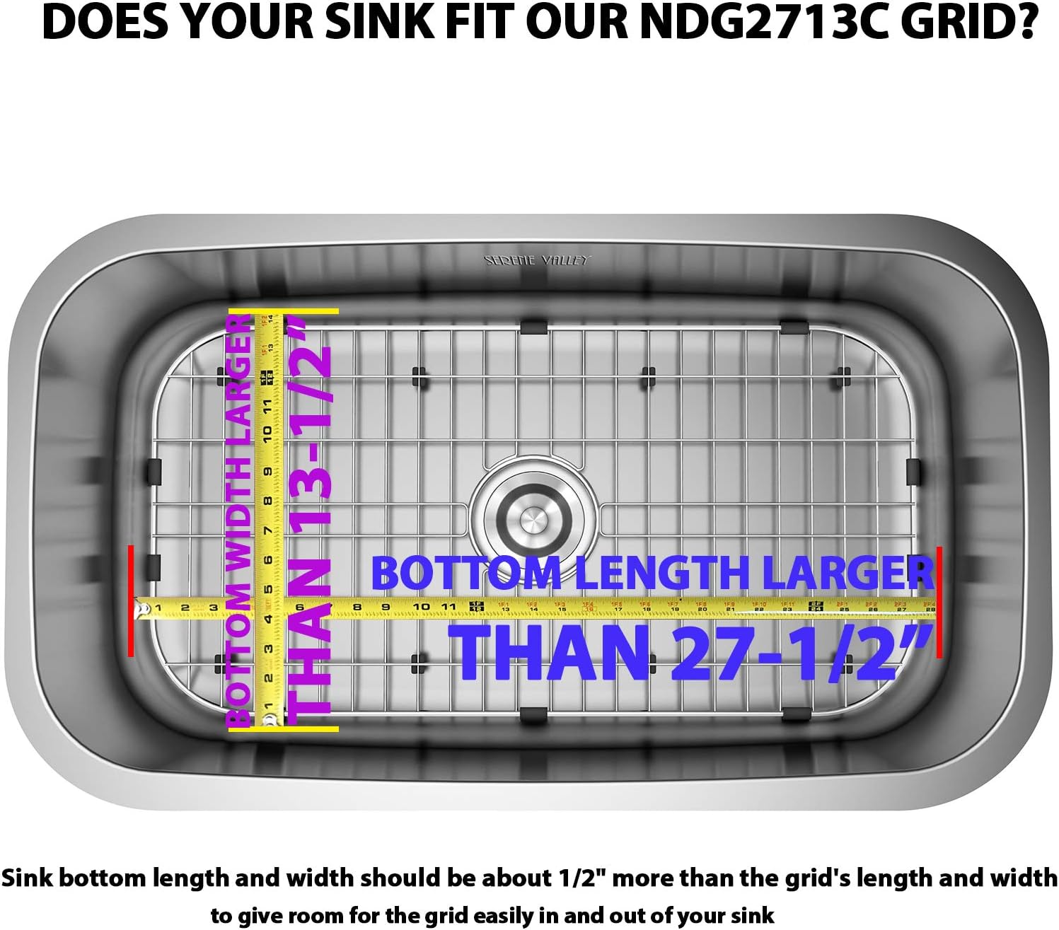 Serene Valley Sink Bottom Grid 27-1/2" x 13-1/2", Centered Drain with Corner Radius 1-1/2", Sink Grids Stainless Steel NDG2713C