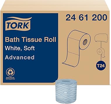 Tork Advanced Toilet Paper Roll, White, Compatible with T24 Dispensers, 2-ply, Soft Tissue, 80 rolls x 500 sheets 2461200
