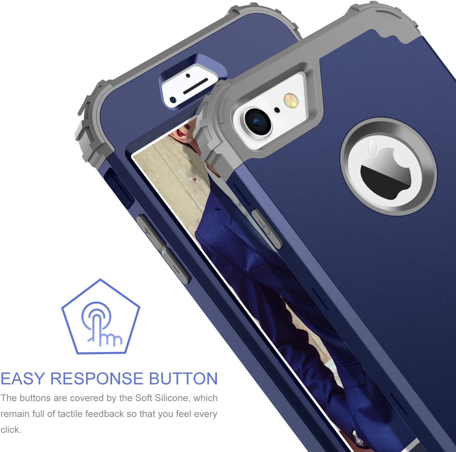 BENTOBEN Compatible with iPhone 8 Case and iPhone 7 Case 3 in 1 Hard Cover Hybrid Soft Silicone Bumper Shockproof Rugged Heavy Duty Slim Non-Slip Full Body Protective Phone Cases Navy Blue&Grey