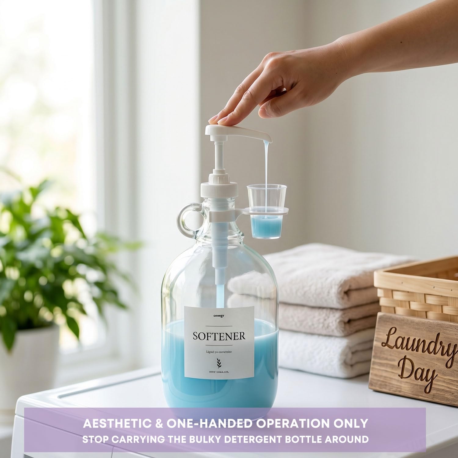 2 dispensadores de detergente líquido de vidrio con portavasos, dispensador de medio galón para cuarto de lavado (64 onzas cada uno), botellas de detergente para ropa con dispensador de bomba, incluye