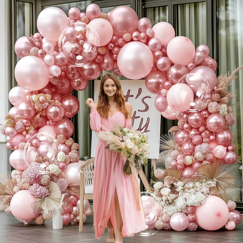 Pearl Pink White Balloon Garland Double Stuffed Rose Pink White Balloon Arch Kit Different Sizes With Clear Bobo Balloon for Birthday Baby Shower Anniversary Wedding Party decor