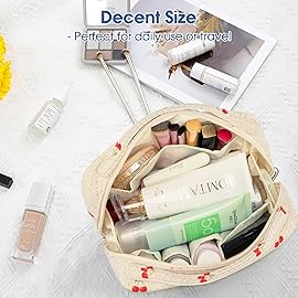 Bluboon Makeup Bag Zipper Pouch Travel Portable Cosmetic Bag Organizer for Women and Girls(Cherry Corduroy beige)