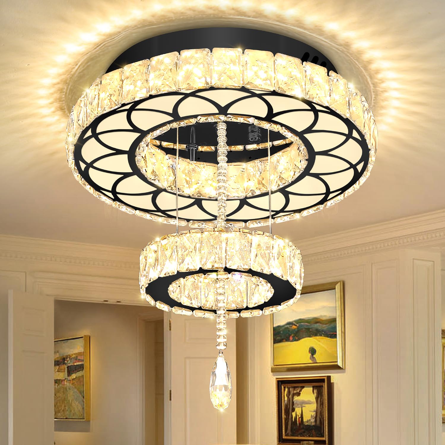 Flashing God Dia 16" Black Modern Crystal Chandeliers Flush Mount Chandelier Dimmable LED Light Crystal Ceiling Light for Hallway Bedroom Living Room