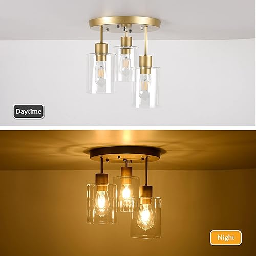 Miniatura 5 de Lámpara de techo semiempotrada con pantalla de vidrio transparente, acabado dorado de latón, 3 lámparas de cocina, lámparas de pasillo, lámparas