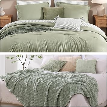 Monbix 7 Piece Prewashed Comforter Sets and Fleece Throw Blanket Bundle