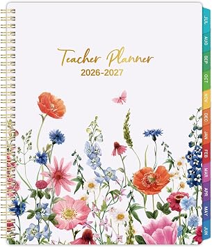 Teacher Planner 2026-2027 - Teacher Lesson Planner, Academic Planner 2026-2027, July 2026 - June 2027, 8.5" x 11", 26-27 Planner Weekly and Monthly, Lesson Plan Book for Teachers, Colorful Tabs, Inner Pocket - Flowers