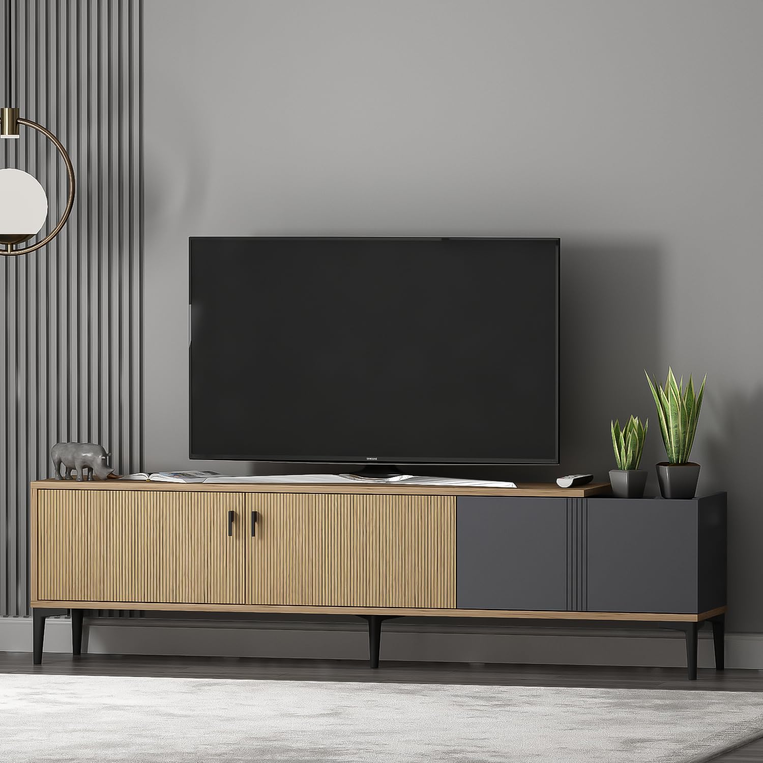 Homidea Modena - Meuble TV bas de 180 cm avec portes et espace de rangement - Meuble TV au design scandinave - Pour salon (chêne clair - anthracite)