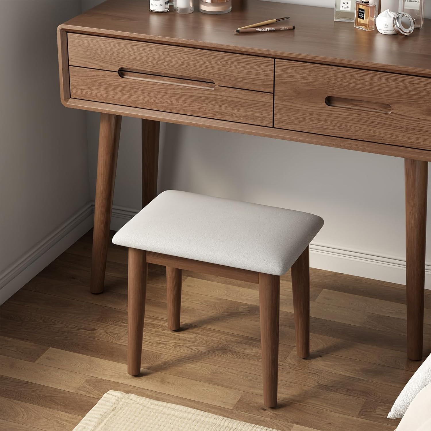 Vanity Stool, Solid Wood Vanity Chair with High-Rebound Sponge Seat Cushion, Easy Assembly Vanity Bench, Walnut Upholstered Vanity Stool for Bedroom Study Room Entryway