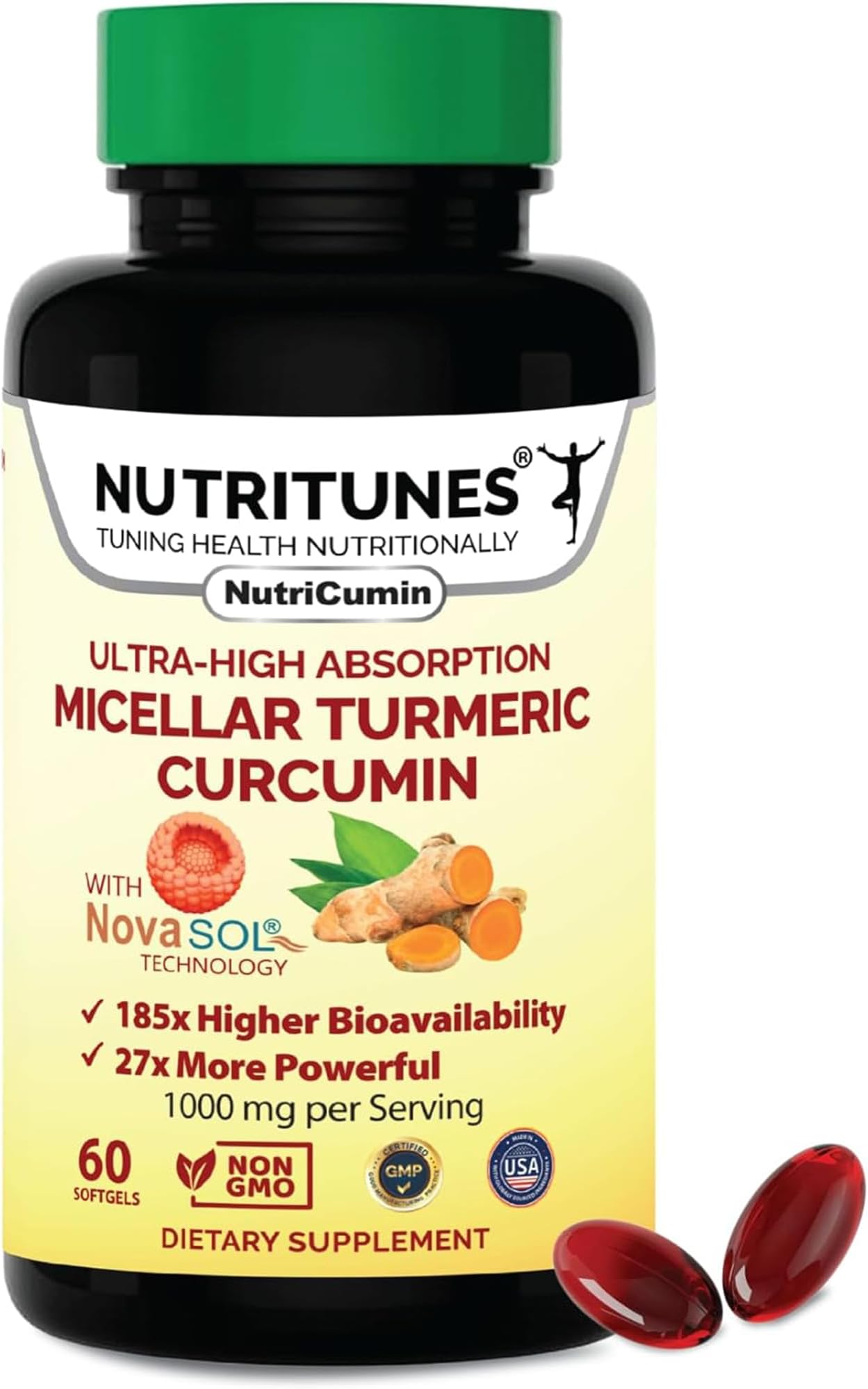 NutriCumin NovaSOL Turmeric Curcumin 1000โฏmg โ 185ร Absorption โ Supports Joint Comfort & Mobility โ NonโGMO Softgels, 60 Ct.