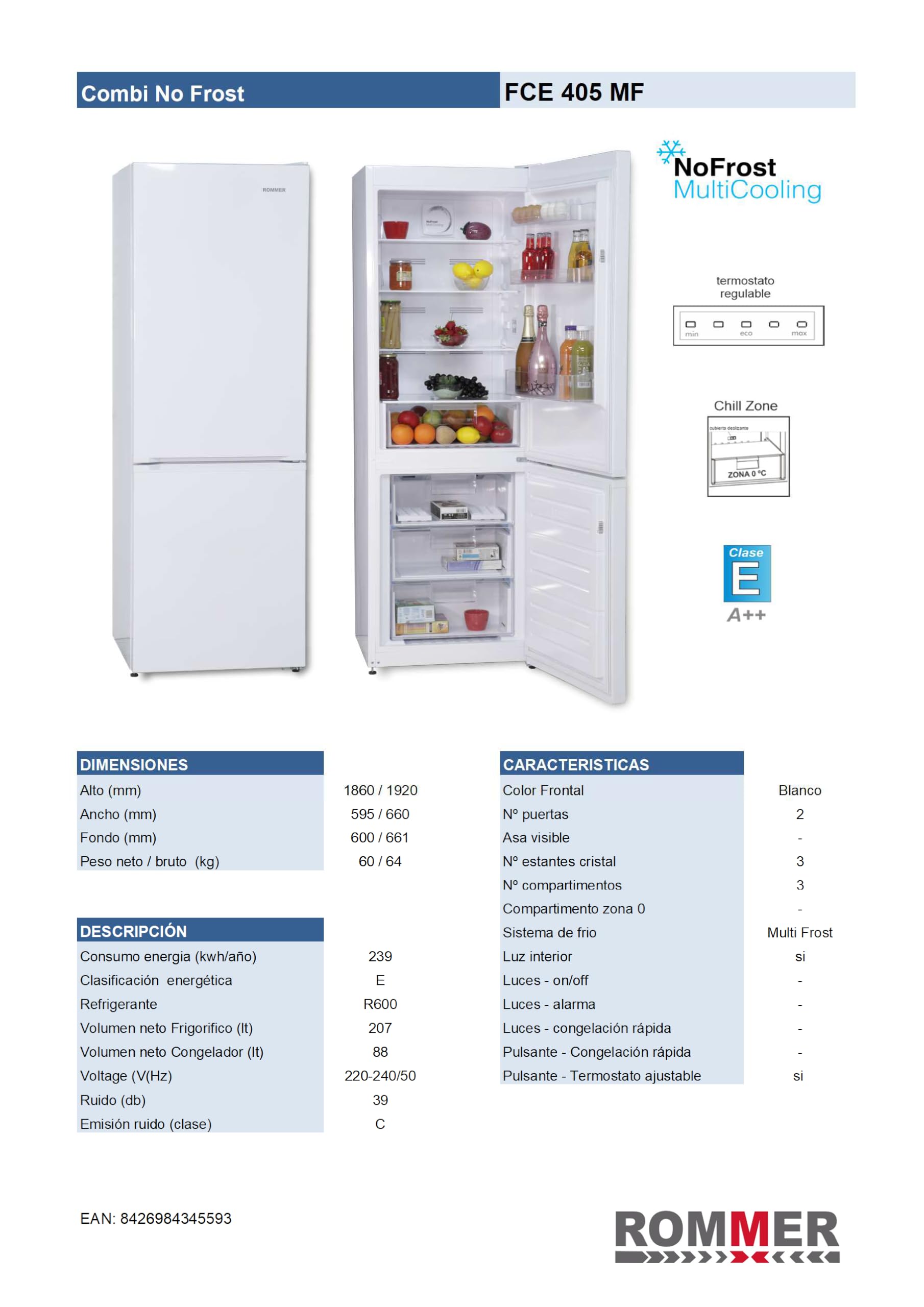 ROMMER Frigorifico Combi FCE 405 MF, Capacidad 295 Litros, Color Blanco, Muñti Frost