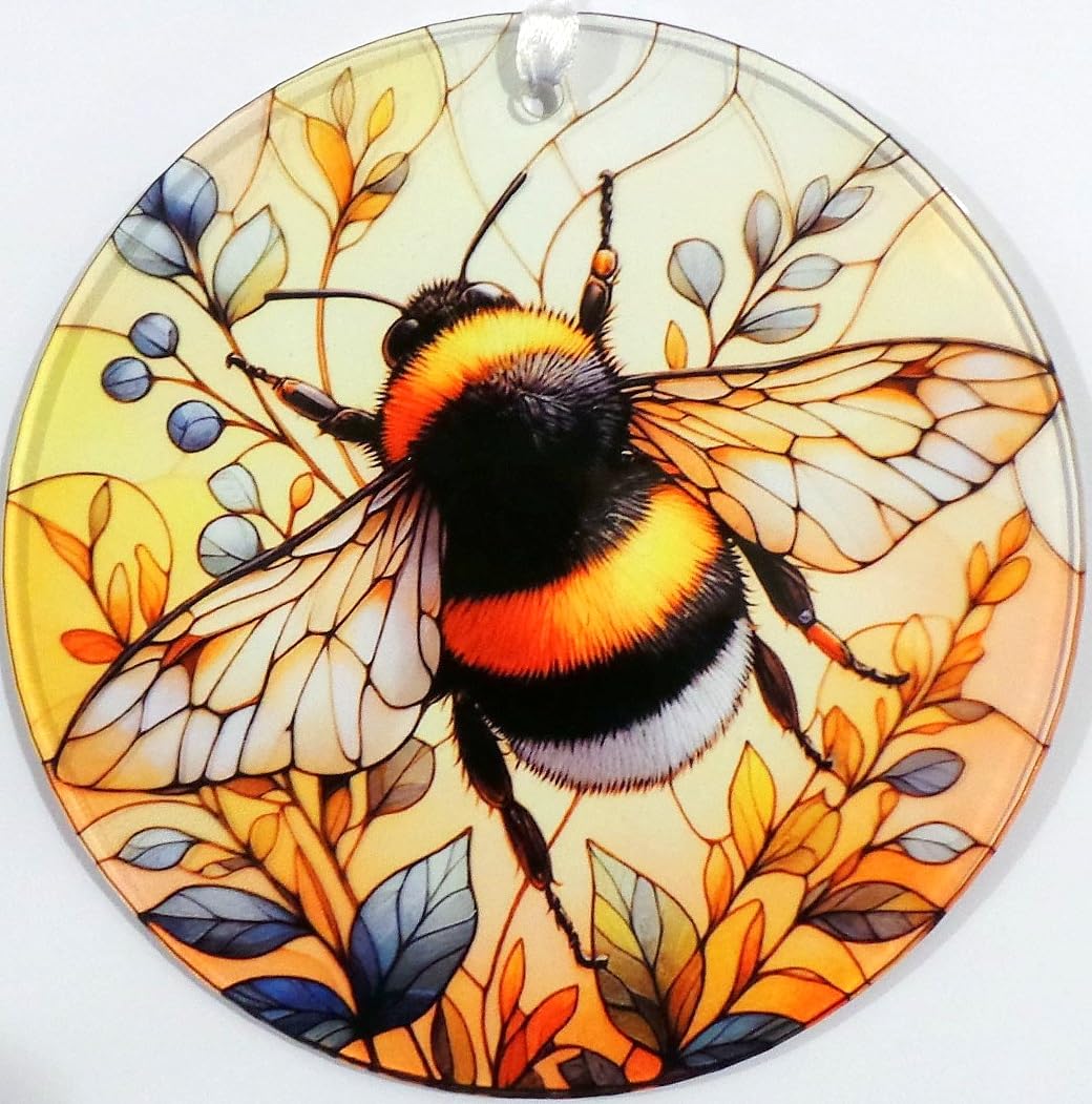 Bumble Bee Suncatcher, Hanging decoration for use indoors or out. Made from 3mm clear acrylic, but emulates glass. Great gift idea. We make these, so any design ideas you may want are available.