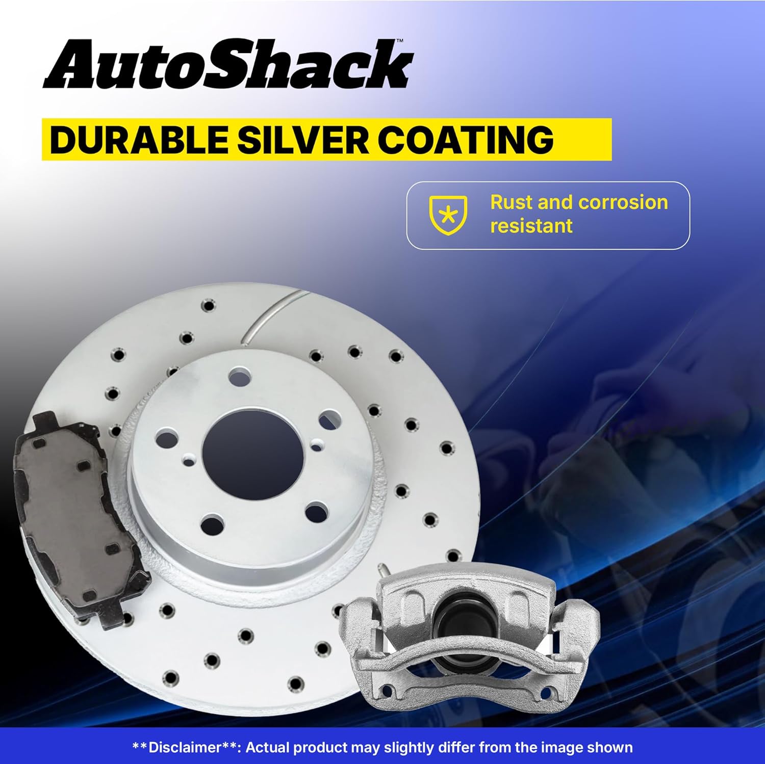 AutoShack Front Vented Drilled & Slotted Coated Brake Rotors Silver Matte Finish + Ceramic Pads + Calipers 8-PC Brake Kit Replacement for 2007-2017 Jeep Patriot TurboGuard 11.57" (293.9 mm)
