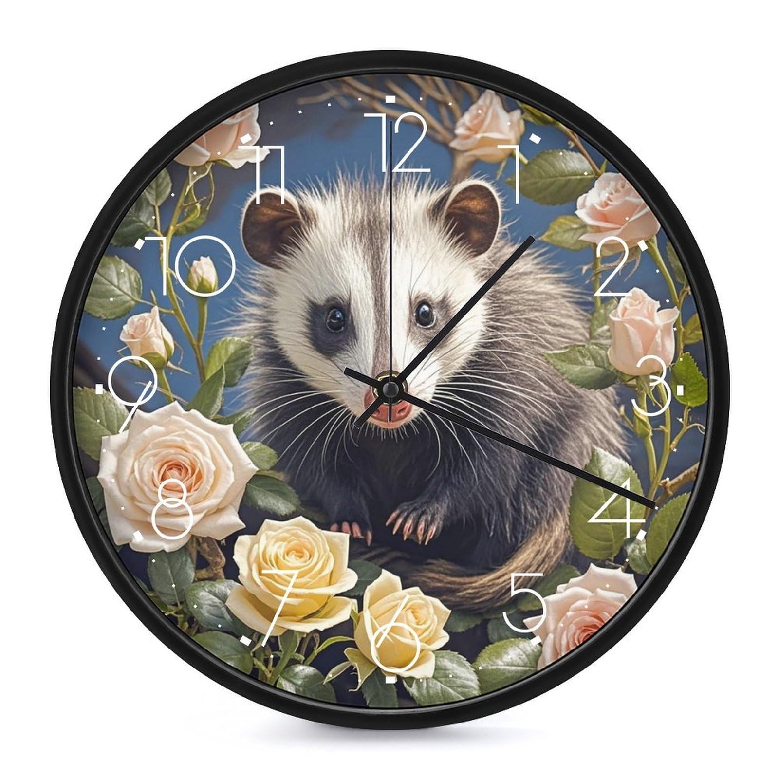 Horloge murale silencieuse Opossum et Roses 25cm sans tic-tac pour un sommeil serein