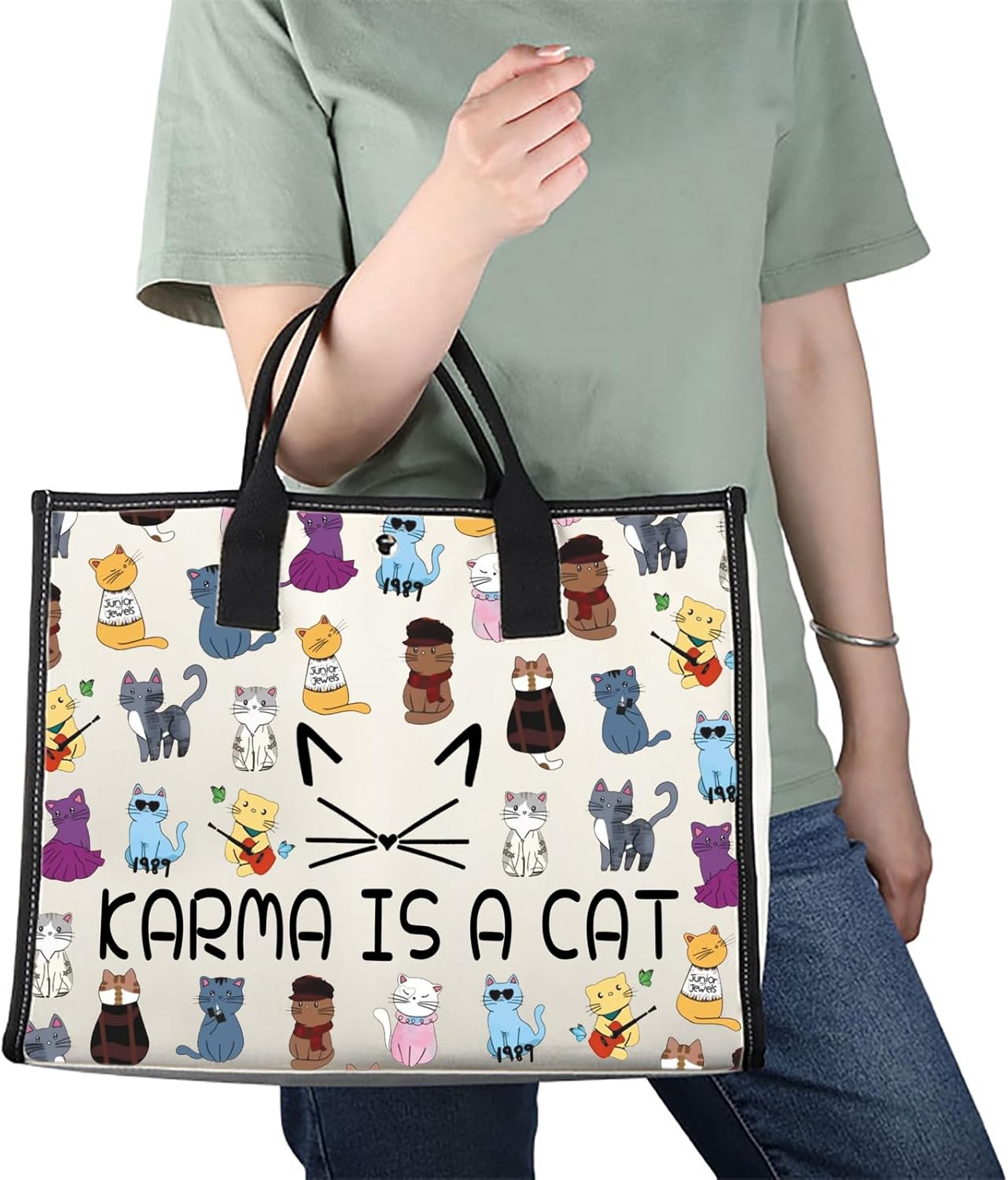 JXGZSO Karma Is A Cat Tote Bag Music Albums As Cat Gift For Fans