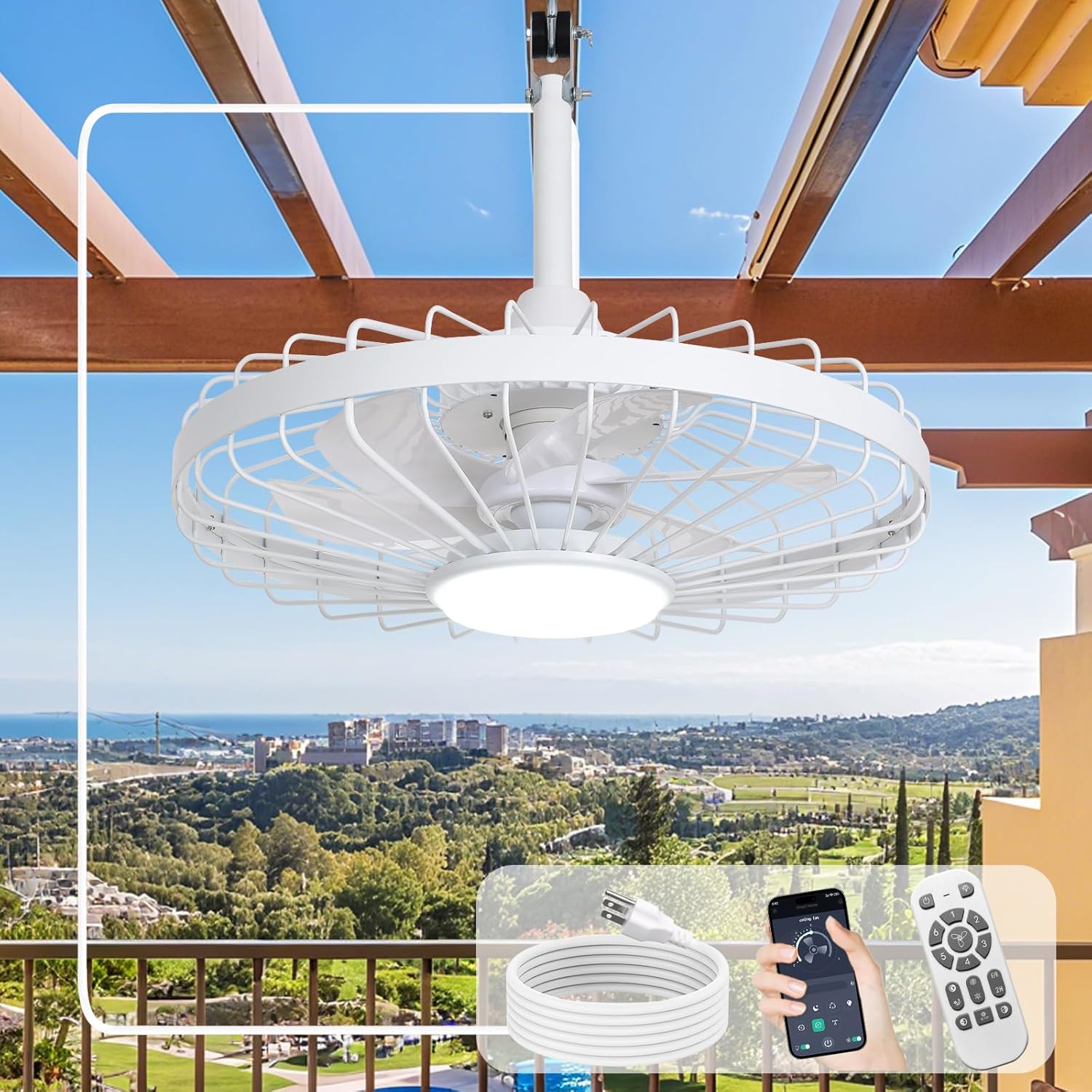 Depuley Outdoor Ceiling Fan with Light: 20 Inch Outdoor Gazebo Hanging Fans with Remote App - Waterproof Plug in Caged Ceiling Fan for Patio Porch Canopy Pergola white White 20 Inch