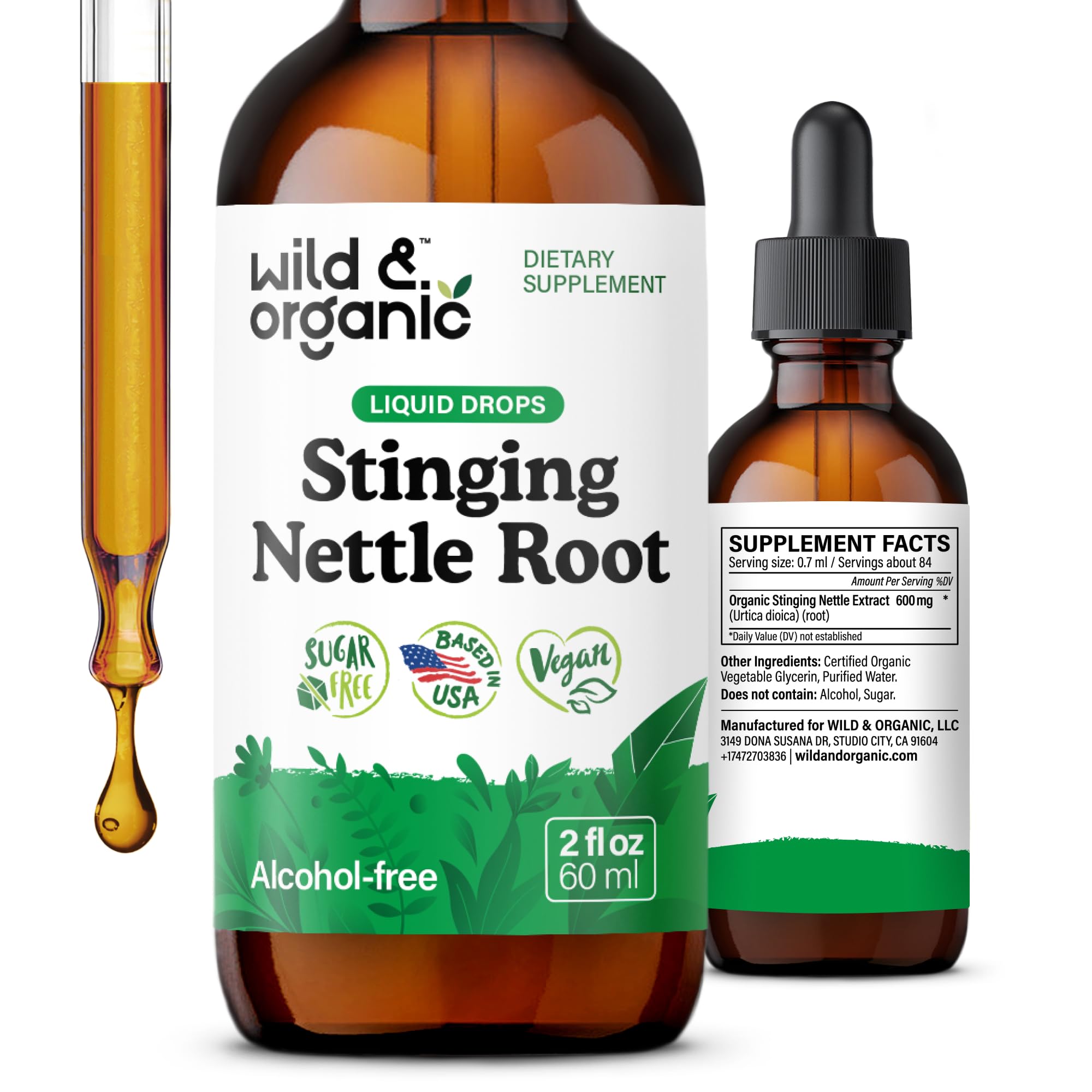 Wild & Organic Stinging Nettle Root Drops - Stinging Nettle Extract Tincture for Men & Women - Liquid Urtica Dioica Supplement - Vegan, Sugar & Alcohol-Free - 2 fl oz