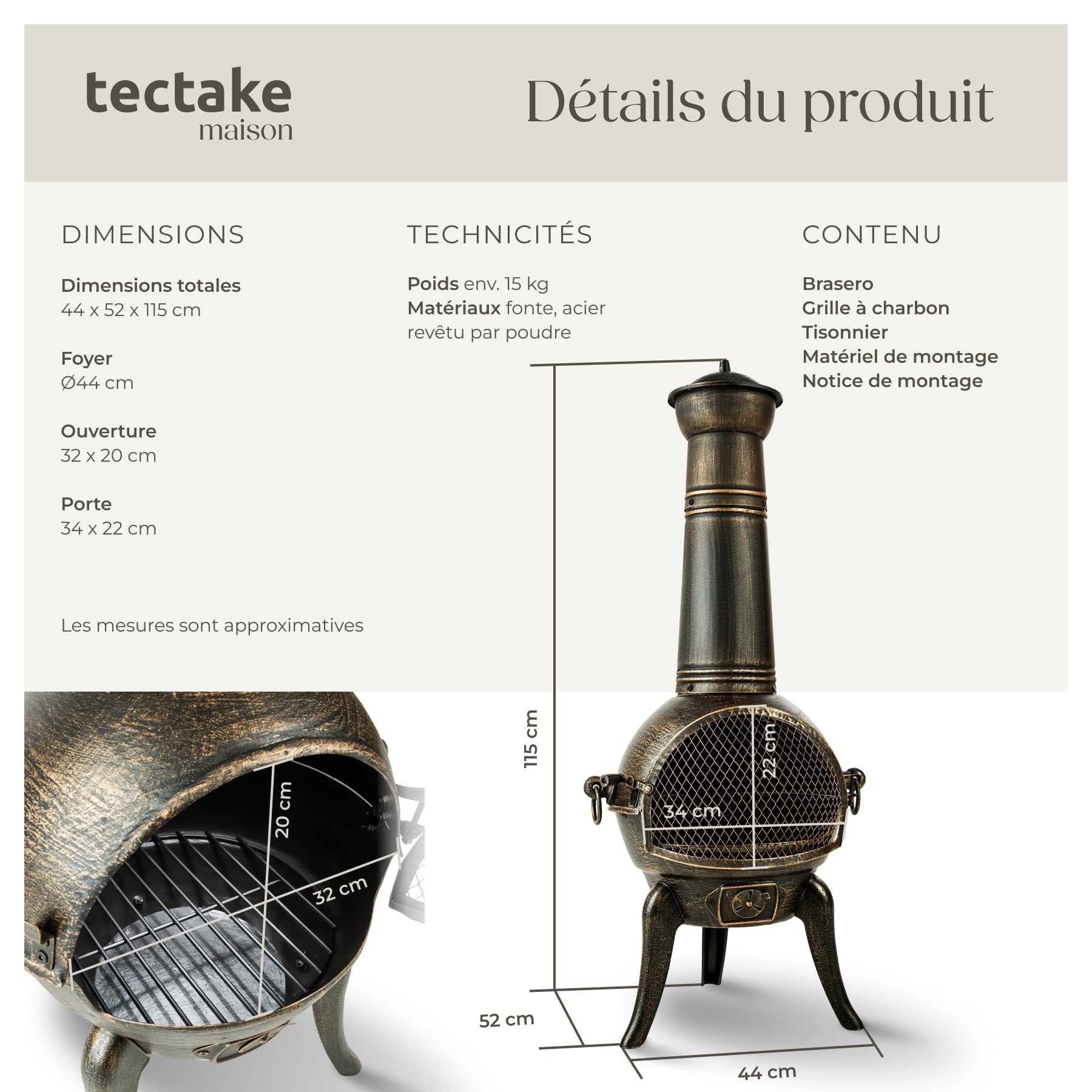 tectake® Brasero Exterieur Poêle en Fonte Chauffage au Bois Cheminée de terrasse extérieure Style Antique avec Porte grillagée & tisonnier 44 x 52 x 115 cm pour Aménagement Salon de Jardin Exterieur