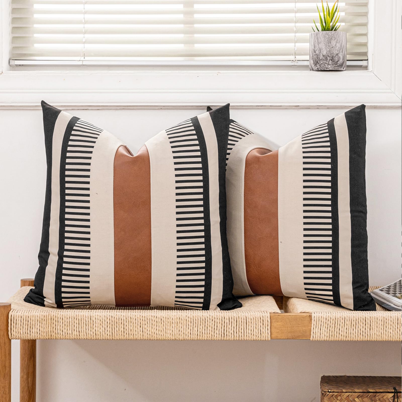 Vfuty Farmhouse Stripe Pillow Cover 20x20 Boho Accent Cushion Case Faux Leather Decorative Pillowcase,Black and Beige (Cover ONLY, Pack of 2)