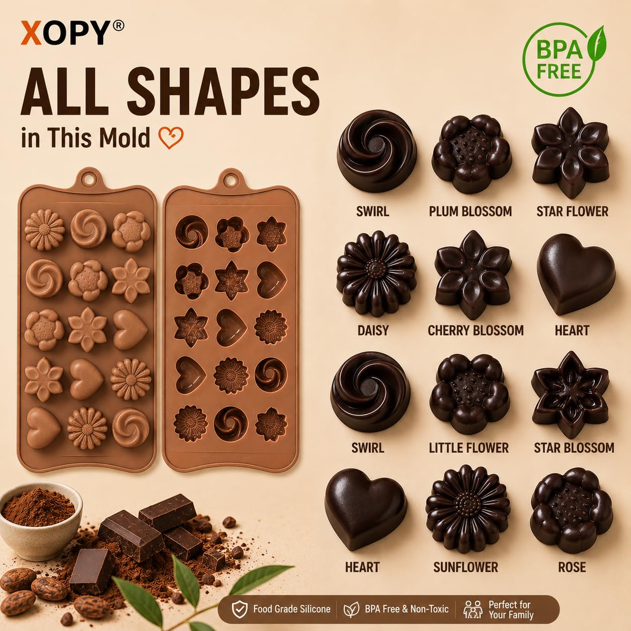 Silicone Chocolate Mould - 15 Cavities, 5 Shapes -3 Silicone Chocolate Mould - 15 Cavities, 5 Shapes -3