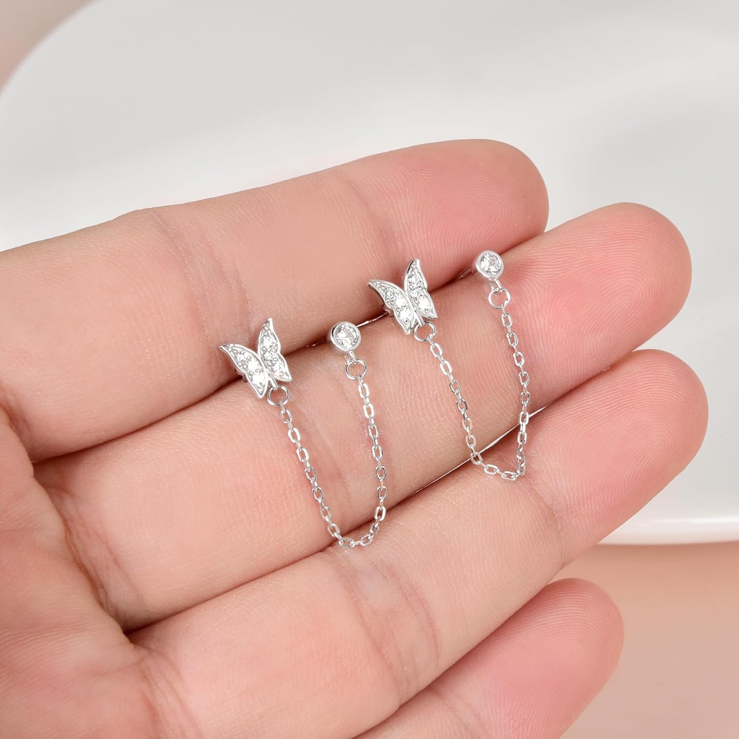 Double Piercing Earrings Silver Gold Cz Cubic Zirconia Stone Chain Link Dangle Stud Earrings