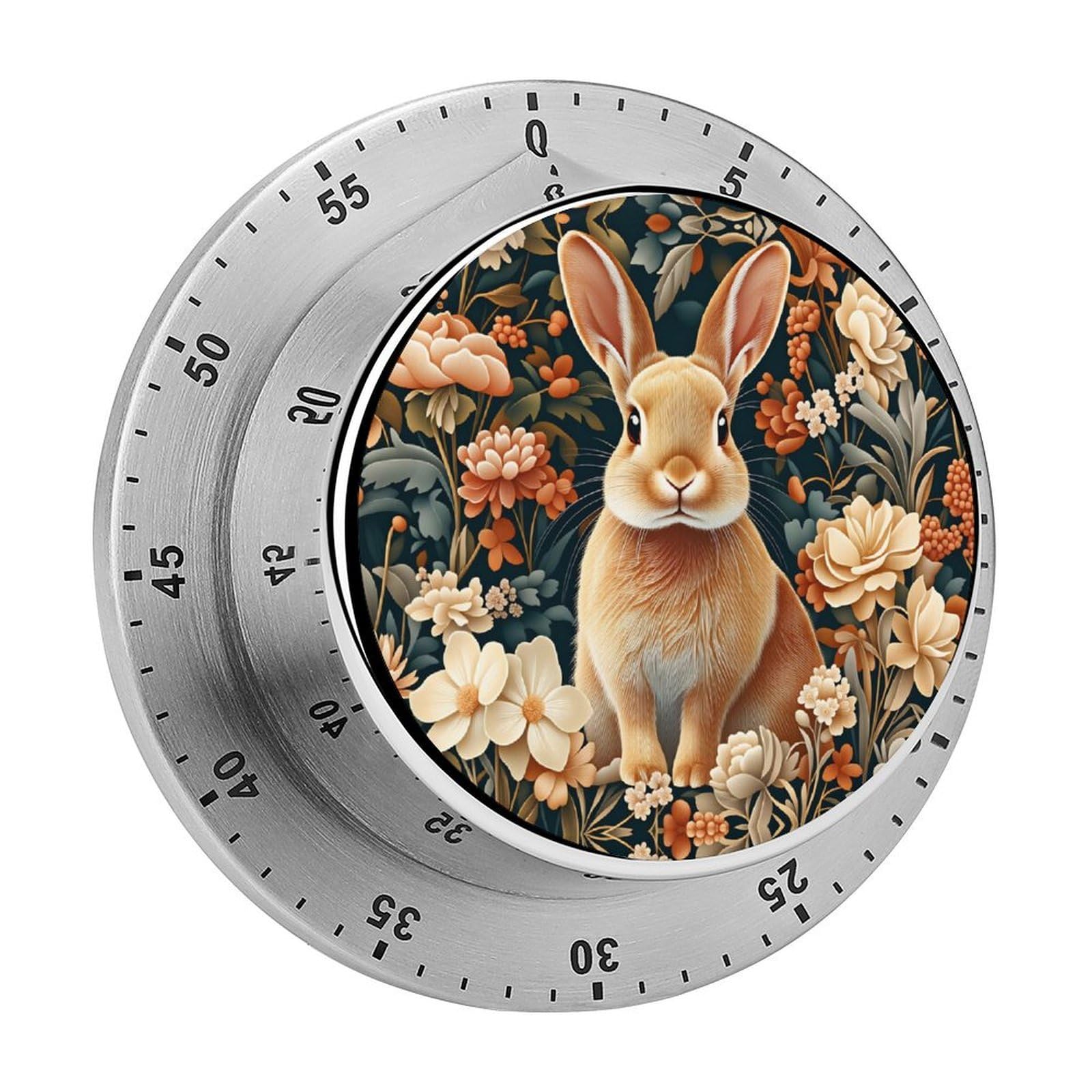 Vintage Floral Easter Bunny Rabbit 60 Minute Wind Up Timer,Visual Mechanical Magnetic Timer with Loud Alarm for Kitchen