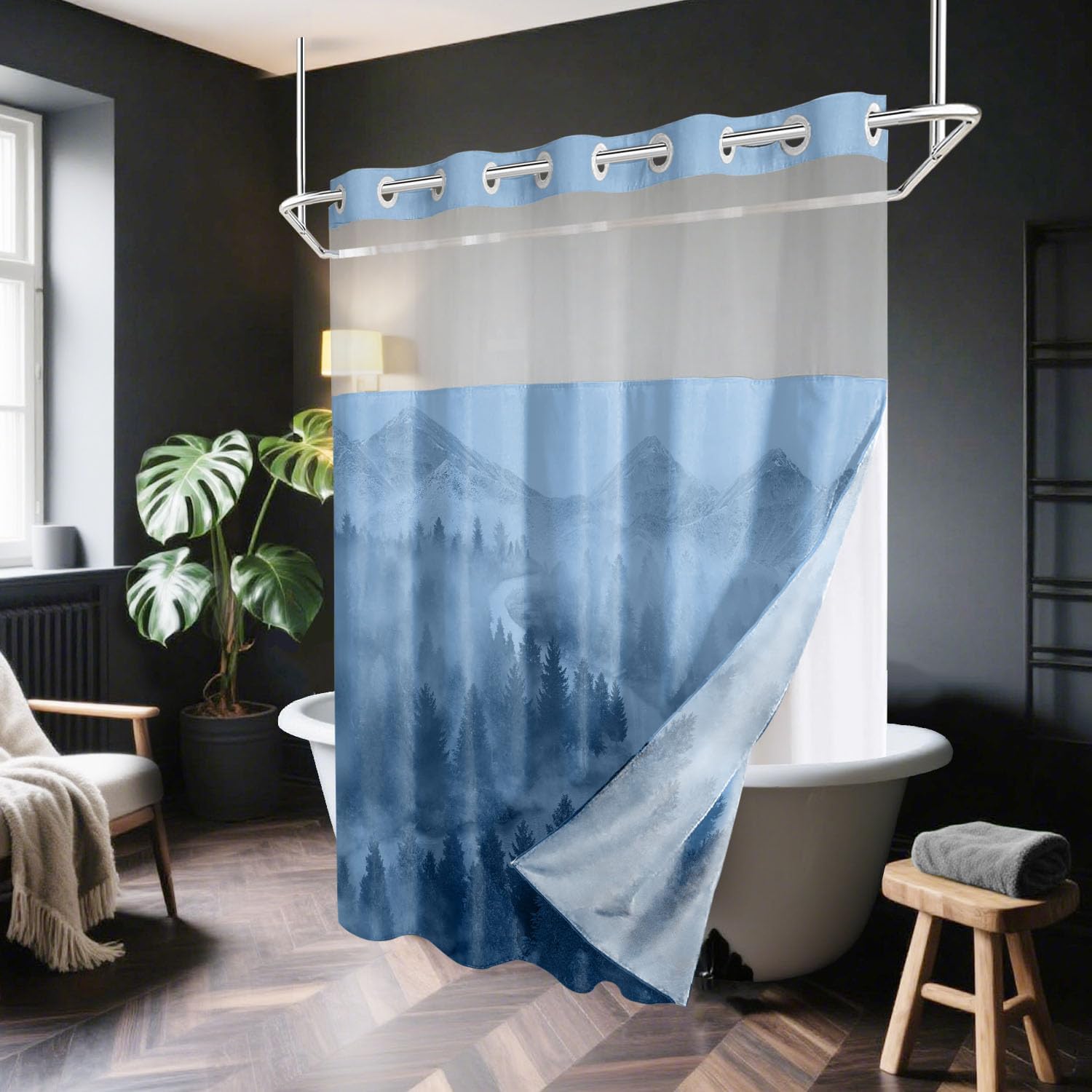 No Hook Shower Curtain with Snap in Liner Set, Blue Misty Forest Design, Waterproof Fabric Mountain Nature Shower Curtains for Bathroom with See Through Mesh Top Window 71x74 Inch