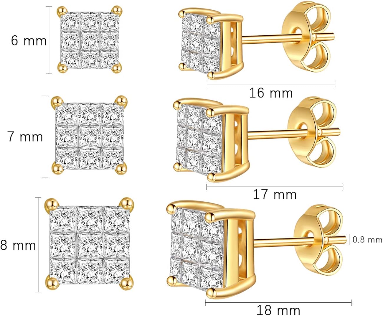 Stud Earrings for Women and Girls with A Princess CZ Lightweight Cubic Zirconia and 14K Gold Plated Hypoallergenic Needle - Image 3