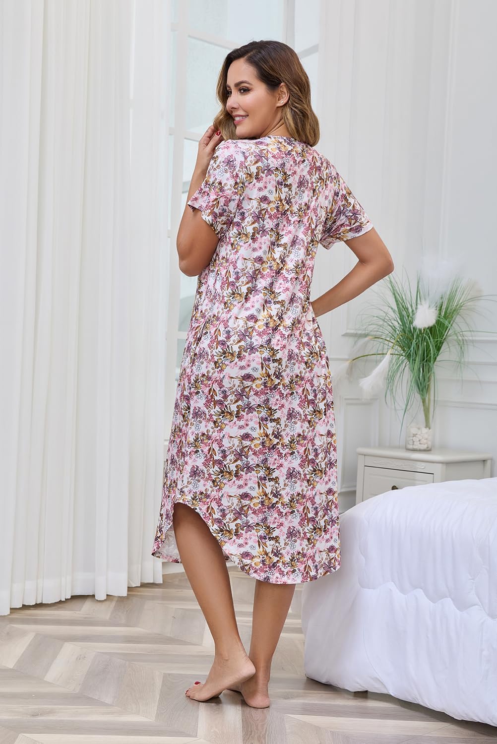 PNAEONG Nightgowns for Women Short Sleeves House Dress Nightshirt Comfy Sleepshirts Sleepwear with Pockets,M-3XL - Image 5