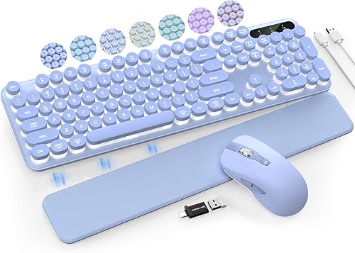 Miniatura 18 de Combo de teclado y mouse inalámbricos, teclas redondas retro, lindo teclado de máquina de escribir de tamaño completo con soporte para teléfono,
