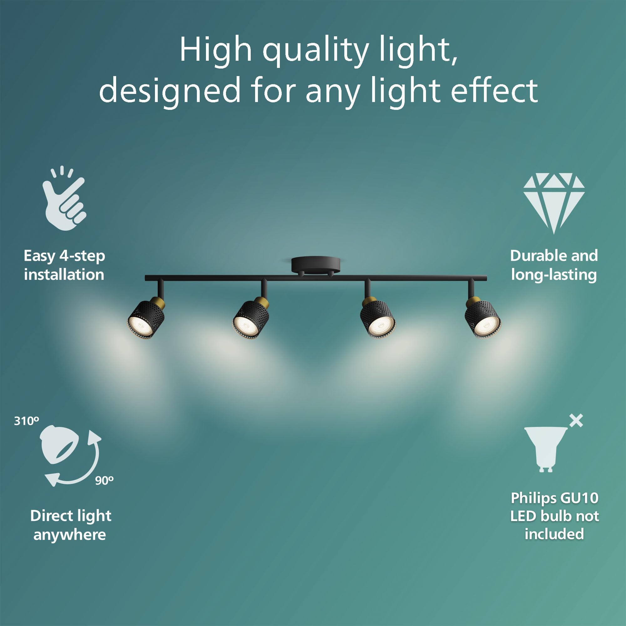 PHILIPS Niall Spot 4-Head, GU10 not Included, Brass, IP20, Black/Gold - Image 2