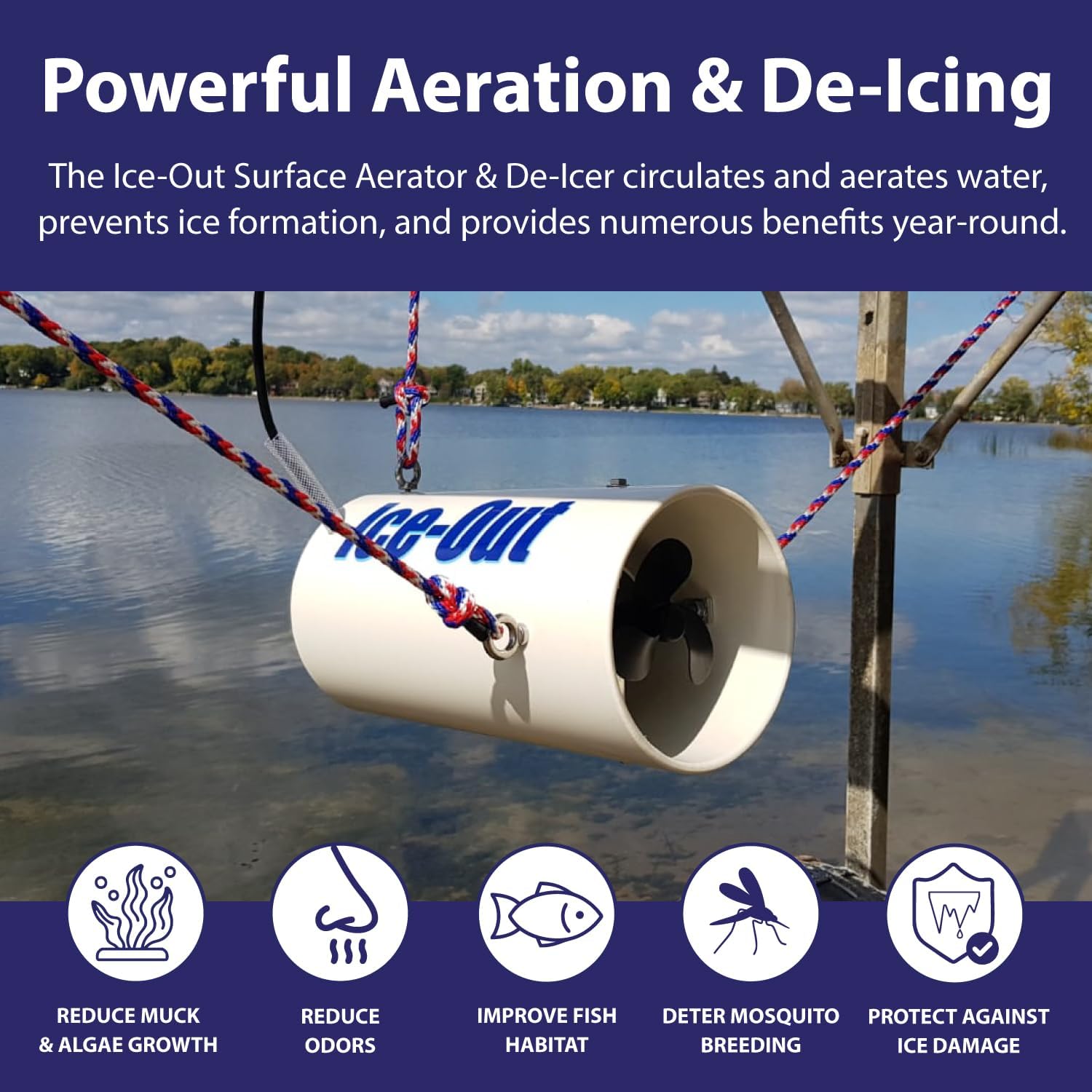 Admiral Lake and Pond Ice-Out Surface Aerator & De-Icer with 50 Ft Braided Polypropylene Mounting Rope | Freeze-Resistant Pond Aerator Moves 600 Gallons of Water per Minute | 1HP 220v Motor