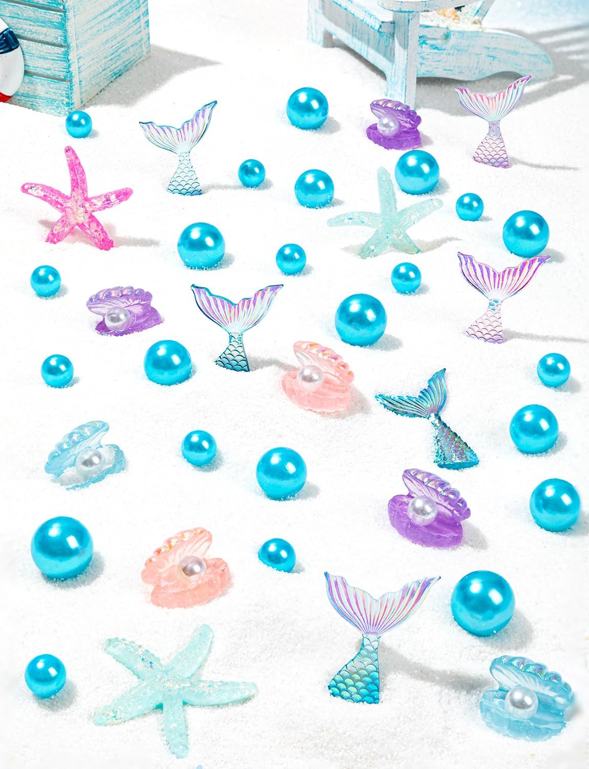 120 Pcs Mermaid Vase Filler, Summer Beach Shells Fish Tail Stelleroid Multicolor Pearl Bead for Table Centerpiece Room Home Decor