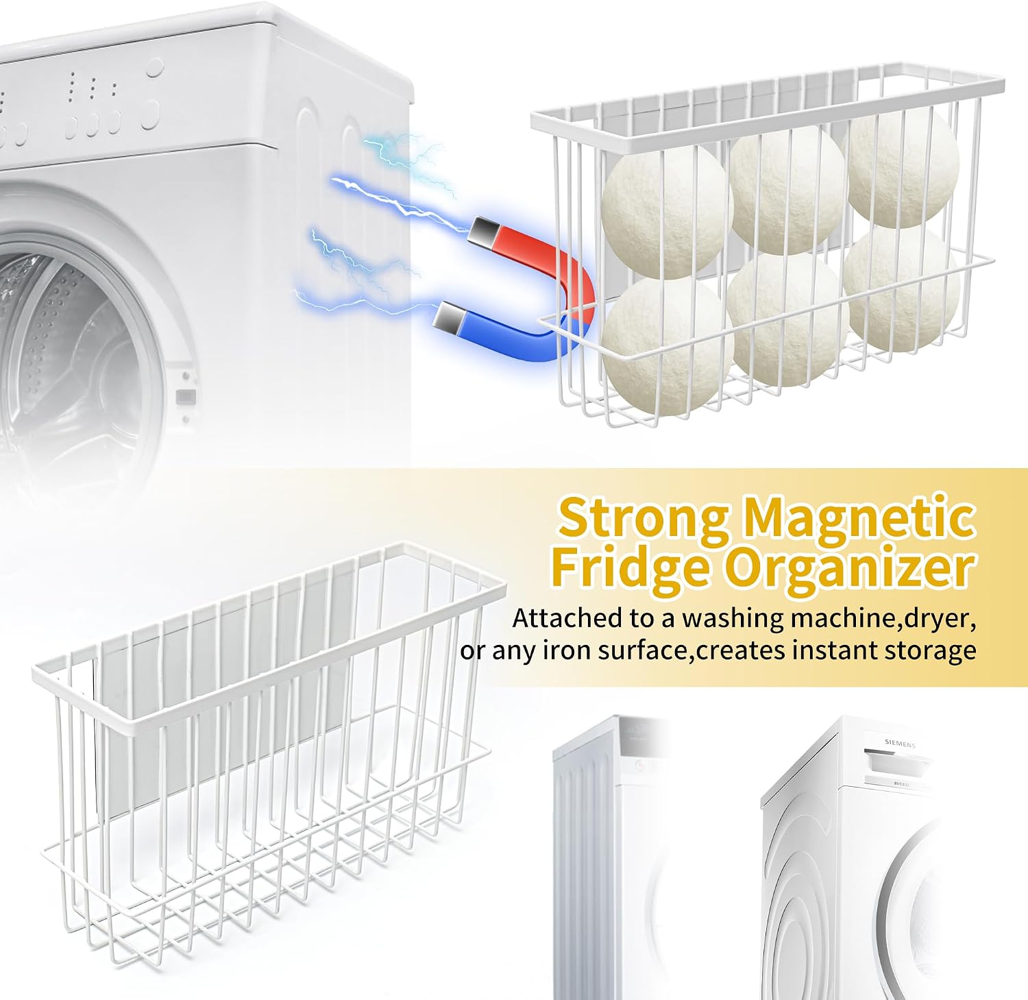 Magnetic Dryer Ball Holder Basket for Laundry Room,Magnet Lint Bin Dryer Ball Laundry Organizer, Iron Wool Dryer Ball Container Basket for Laundry Room Organization Home Storage