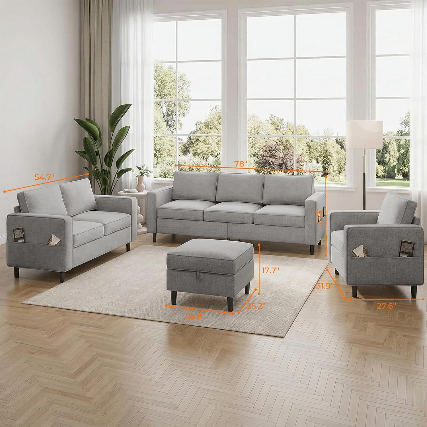 ijuicy 3PCS Sectional Sofa Set w/Ottoman,Modern Linen 6 Seater Couch Set with Movable Storage Ottoman & Side Pockets,3 Seat L Shaped Couch Loveseat and Armchair Living Room Furniture(3+2+1/Light Grey)