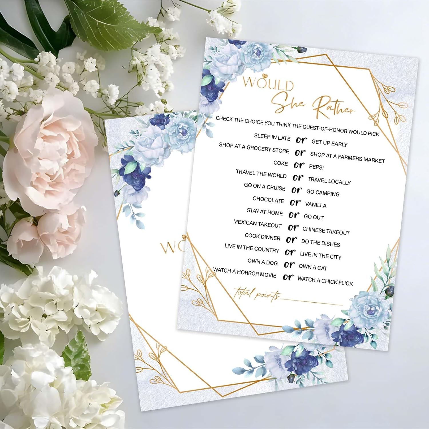 Blue Floral Shower Games - Twenty Questions Bridal Shower Game - Wedding Games Cards for Bride Groom Bachelorette Party Wedding Party Favor -A04