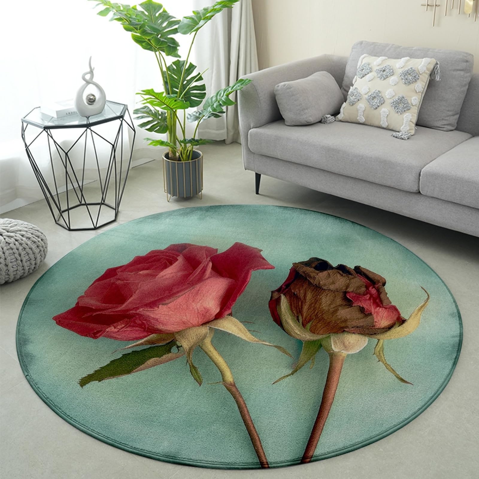 Tapis rond fleurs brunes vertes 100 cm extérieur et intérieur pour salon