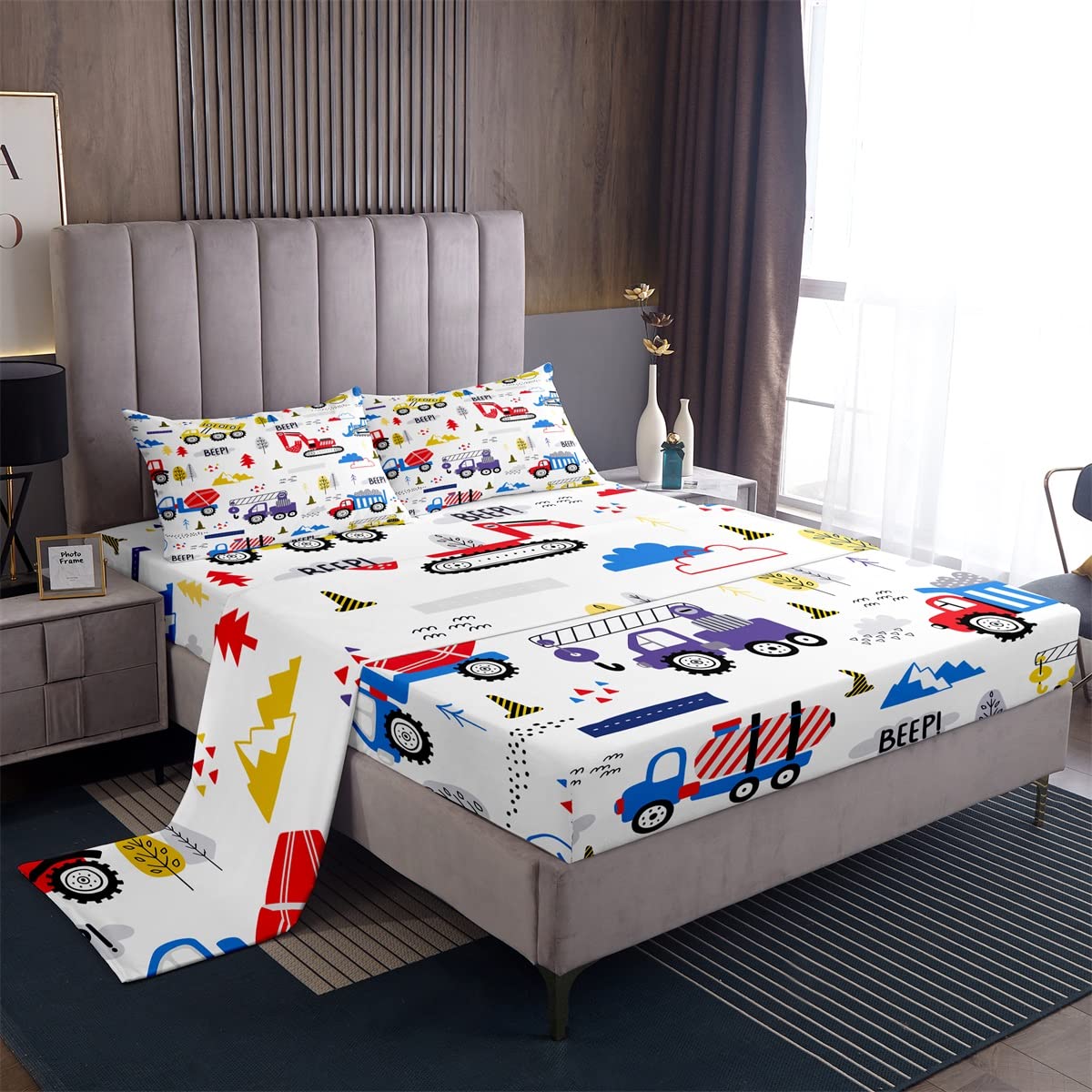Kids Construction Truck Sheet Set Twin Size Boys Cartoon Cars Toddler Bedding Set Machinery Excavator Tractor Equipment Bed Sheets Set 3PCs Cute Vehicles Red Blue Yellow Quilt Set with 1 Pillowcase