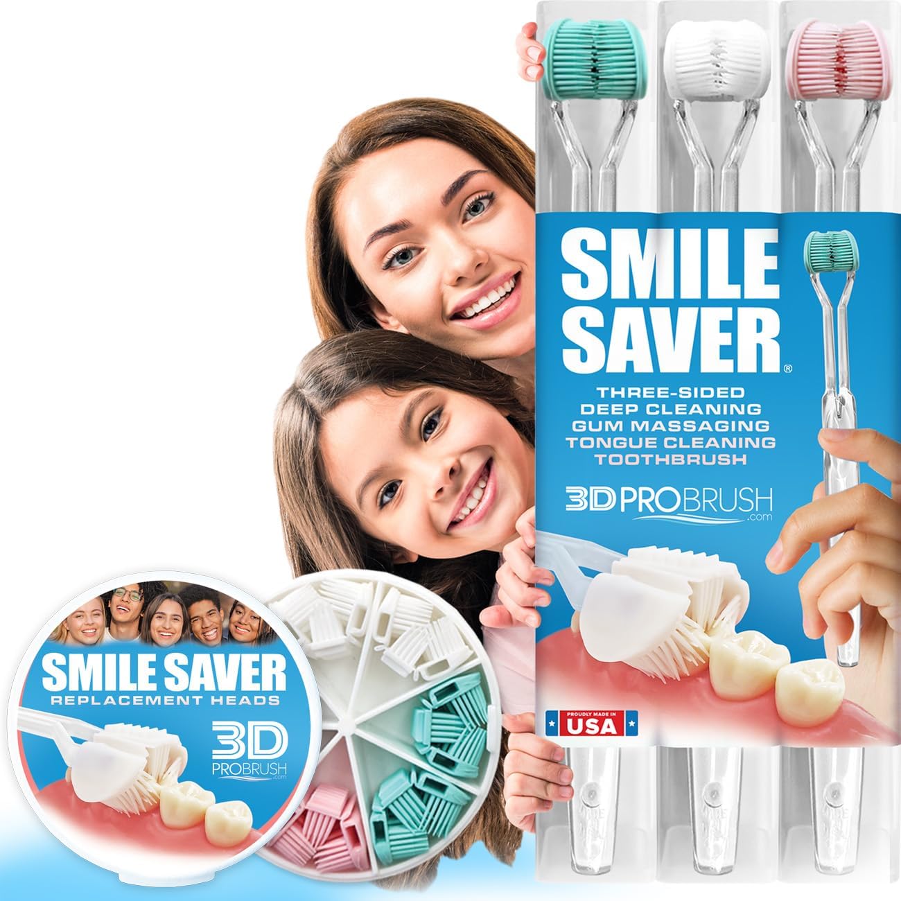 SMILE SAVER 360° 3-Sided Toothbrush & Tongue Scraper | 3-PK + Replacement Heads | Deep Clean Gentle Gum Massage Soft Triple Sensitive Sustainable Travel | Great with Toothpaste Tablets MADE IN USA