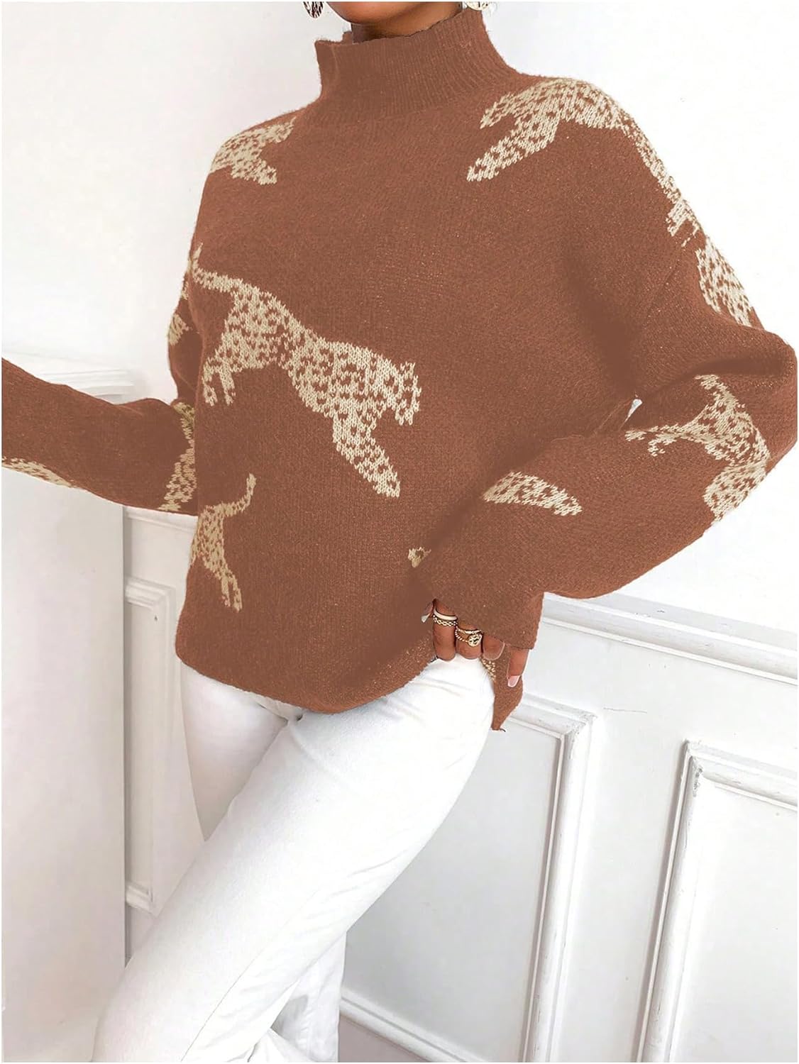 WDIRARA Women's Leopard Tiger Print Sweater High Neck Long Sleeve Fuzzy Knitted Pullover Top - Image 4