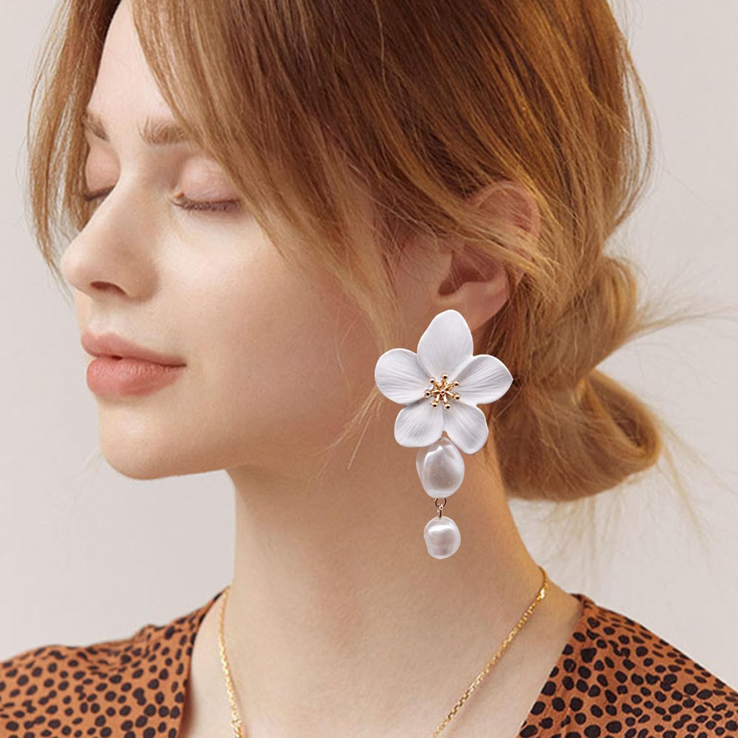 Bohemian Large Matte Flower Pearl Stud Earrings for Women White Pearl Floral Petal Flower Dangle Drop Earrings Wedding Holiday Jewelry - Image 4