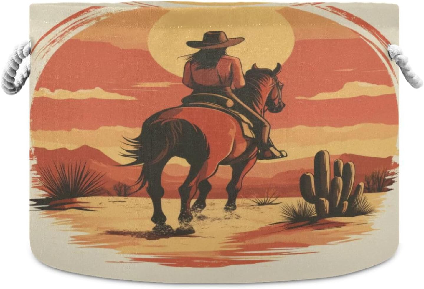 Cowgirl Riding Horse Extra Large Storage Basket Decorative Laundry Basket with Handles, Rope Basket for Clothes, Blanket, Towel, 20 x 14 Inch