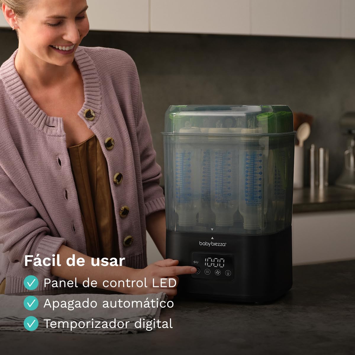 Baby Brezza SuperQuick Esterilizador y Secador en 10 Minutos (75% Más Rápido) | Mayor Capacidad para 8 Biberones y Piezas de Extractor | Esterilizador Eléctrico de Vapor | 4 en 1 (Negro) | Mantiene el contenido estéril hasta 48 horas