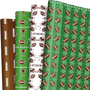 Pineraap 12 Sheets Football Wrapping Paper, Rugby Sports Gift Wrap Paper Bulk Brown Green Art Paper Folded Flat for Boys Birthday Party Holiday DIY Crafts, 19.7 x 27.6 Inch