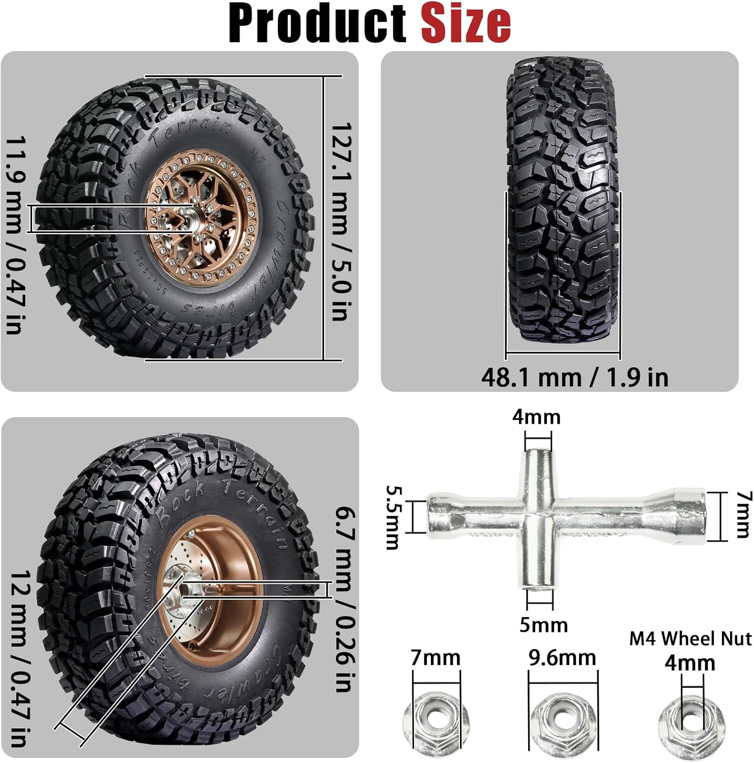 2.2" Beadlock Wheel Tire Set with Brake Discs for 1/10 RC Crawler - 5.0x1.9" Soft Rubber Tire, Aluminum Wheel, 12mm Hex, 6.7mm Bore, 9.5mm Offset - Fit for SCX10 SCX10 II III TRX4 TRX6 Gen8 VS4-10