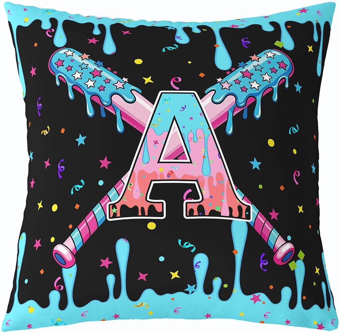 jejeloiu 18 x 18-Inch Set of 4 Baseball Decor Pillowcase Boys Girls Baseball Gaming Throw Pillow Covers for Kids Ultra Personalized Initial Letter A Cushion Case Sports Theme Room Decor Microfiber