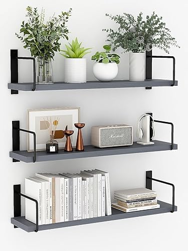 Estantes flotantes, estante flotante de 24 pulgadas, juego de 3 para montar en la pared, estantes de almacenamiento de madera rústica para la sala