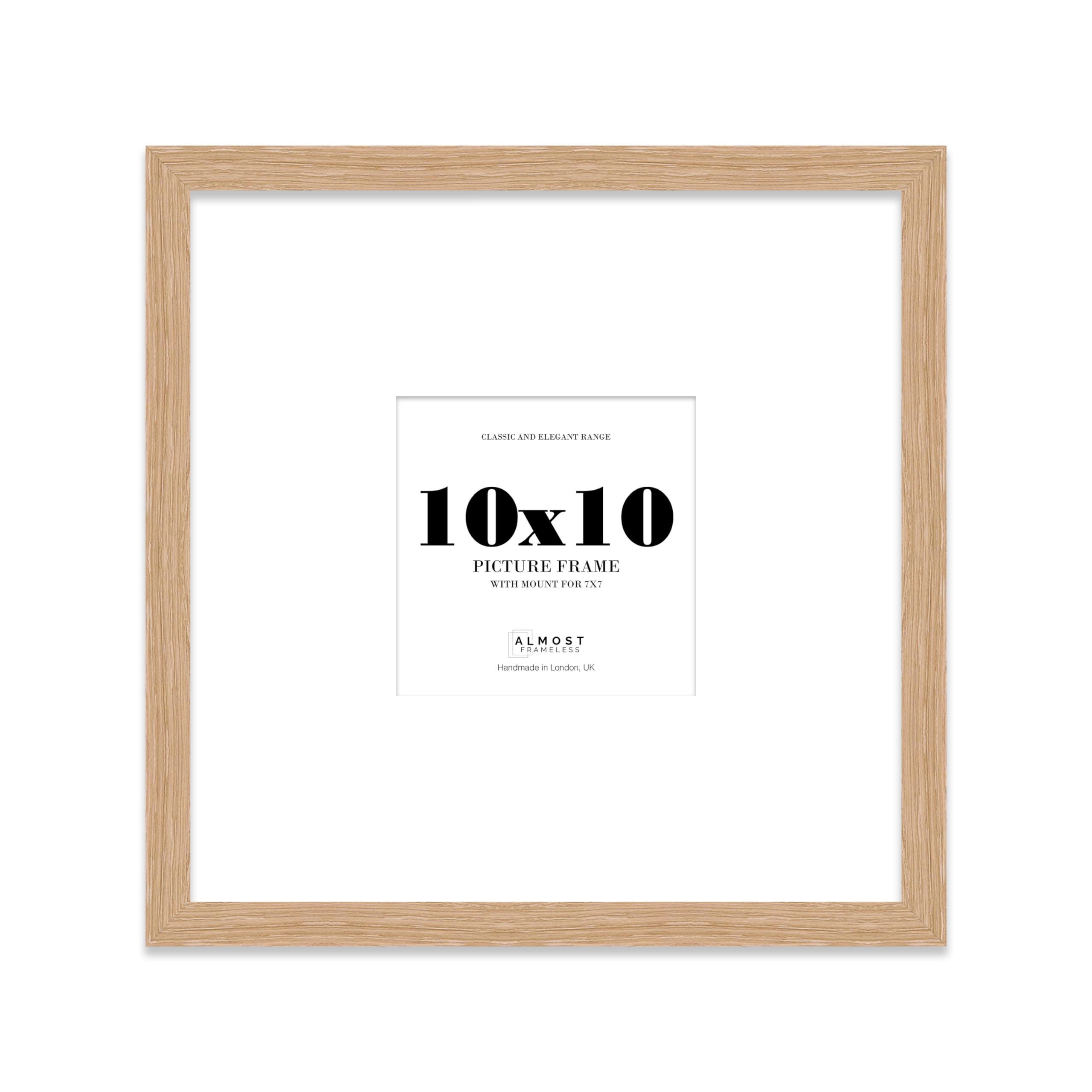 Almost Frameless 10x10 Square Picture Frame, Display Pictures 7x7 With Mat or 10x10 Without Mat, Wall Hanging & Free Standing Photo Frame, Oak, 1 Pack